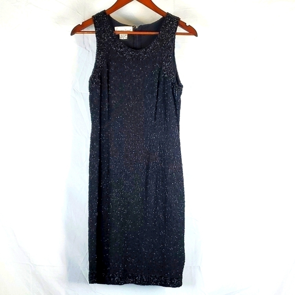 Vintage Beaded Laurence Kazar Black Cocktail Dress‎